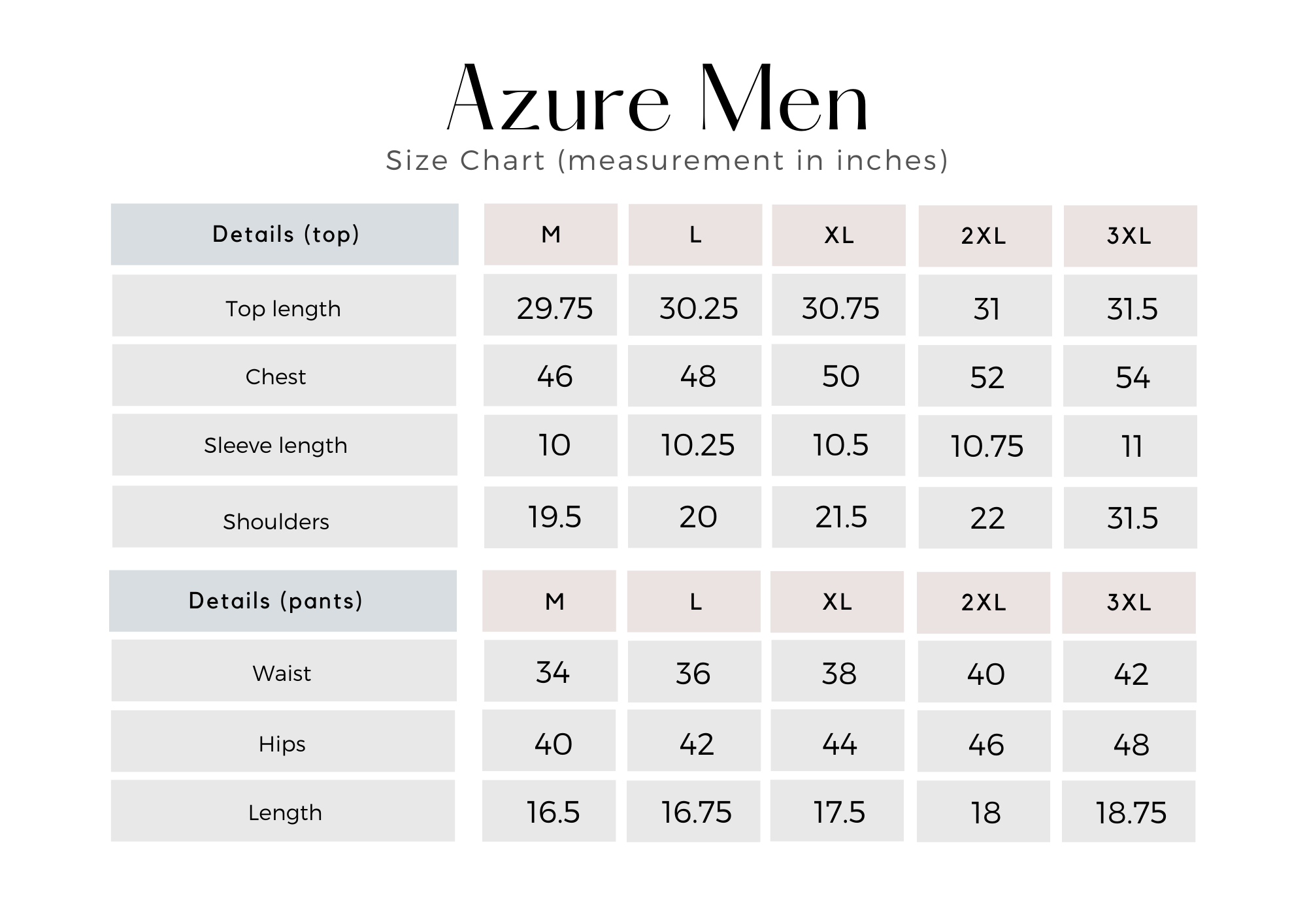 AZURE - Men Size Chart