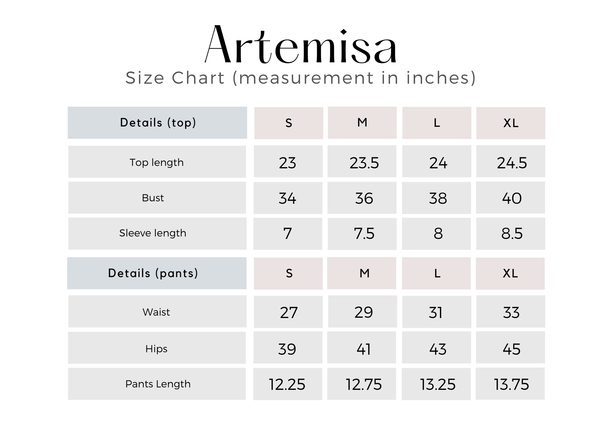 ARTEMISA Size Chart