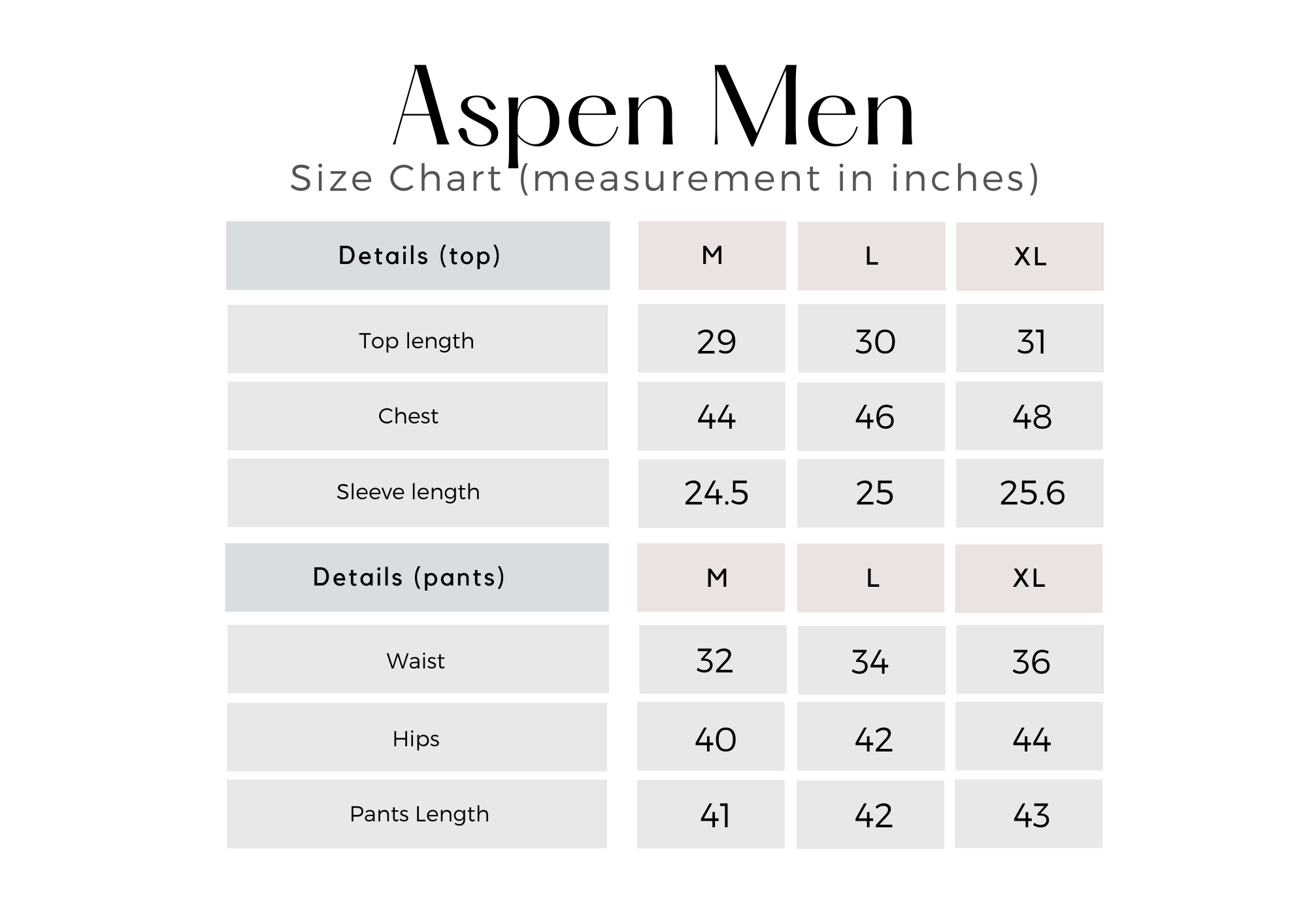 ASPEN - Men Size Chart