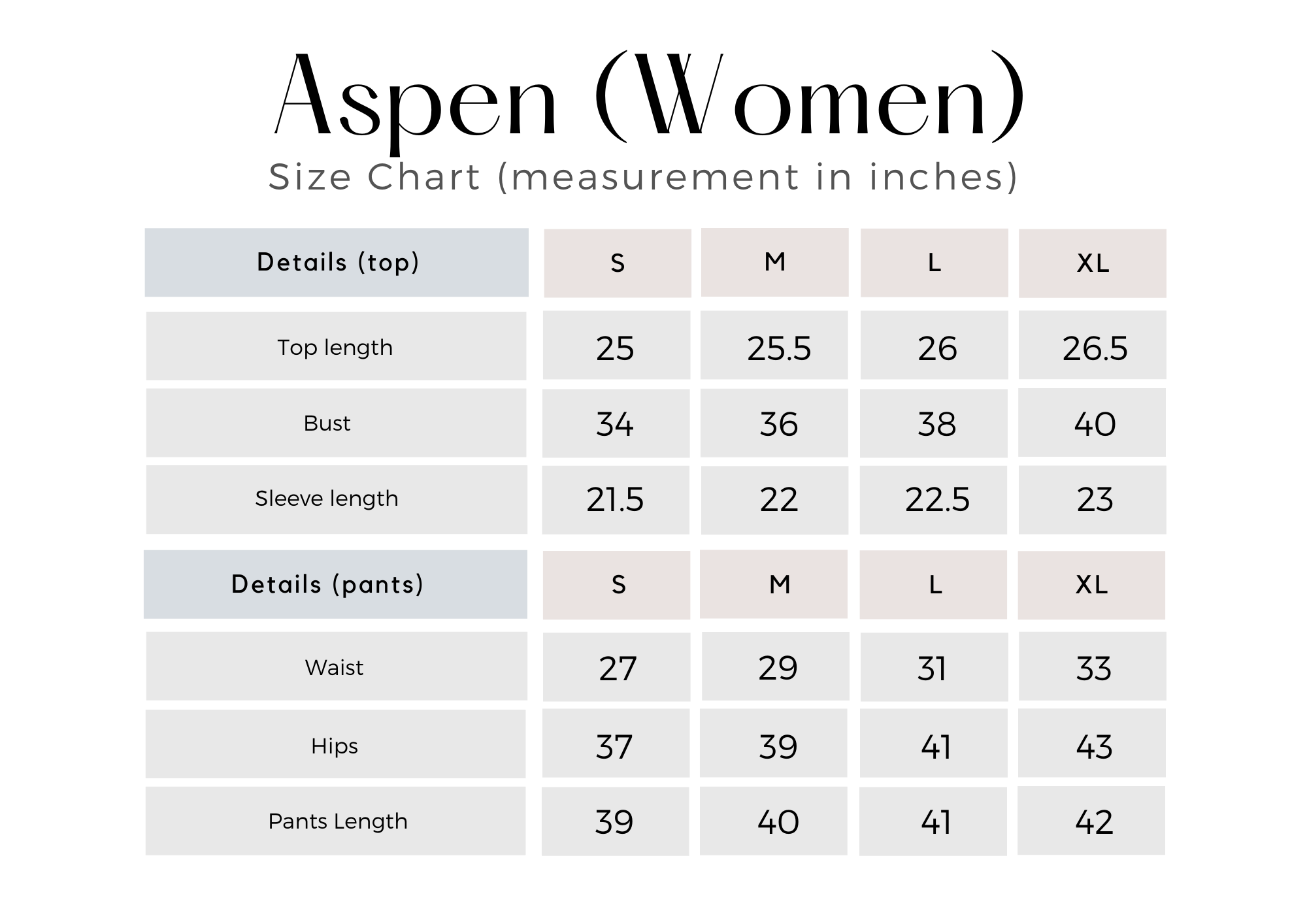ASPEN - Women Size Chart