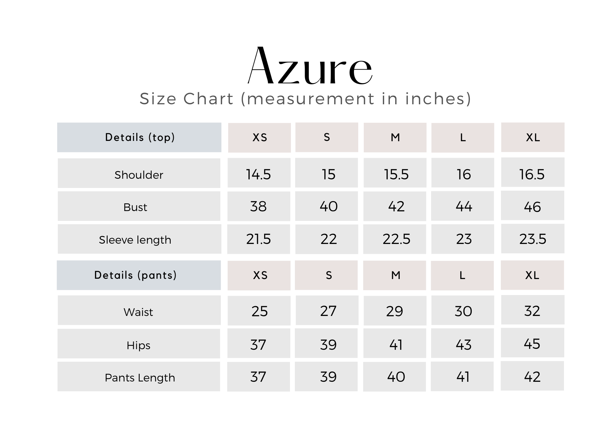 AZURE - Women Size Chart