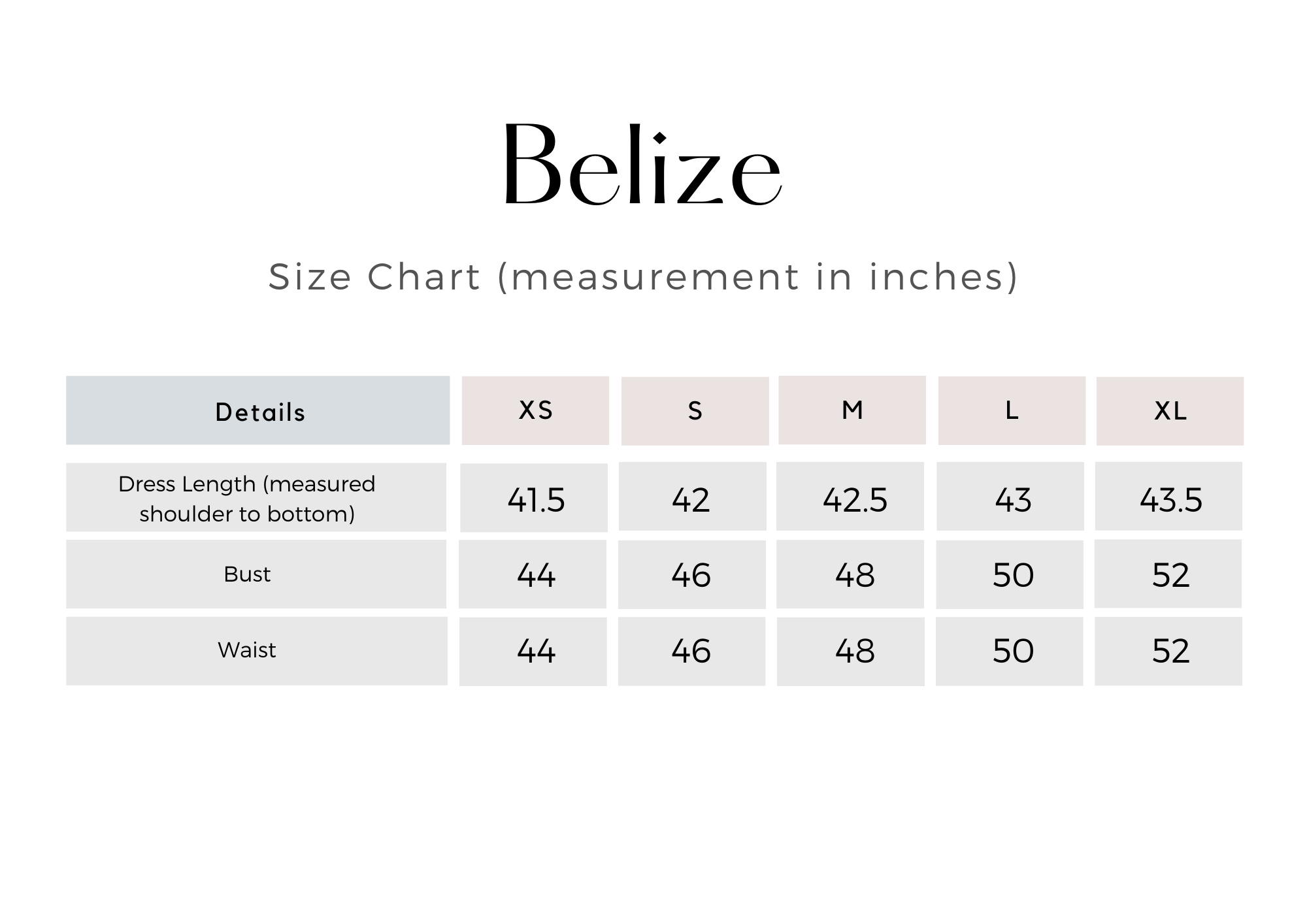 BELIZE Size Chart
