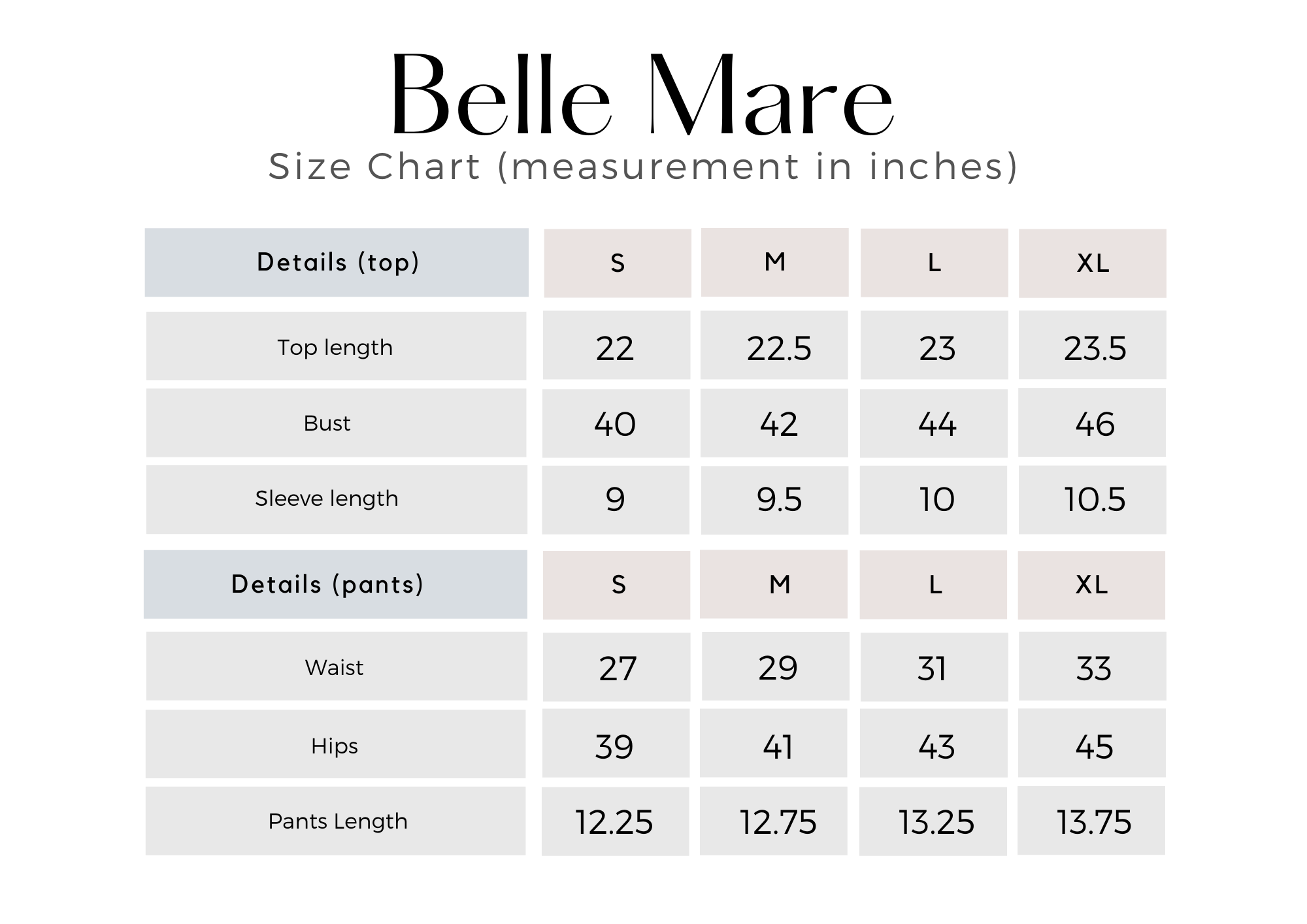 BELLE MARE White Size Chart