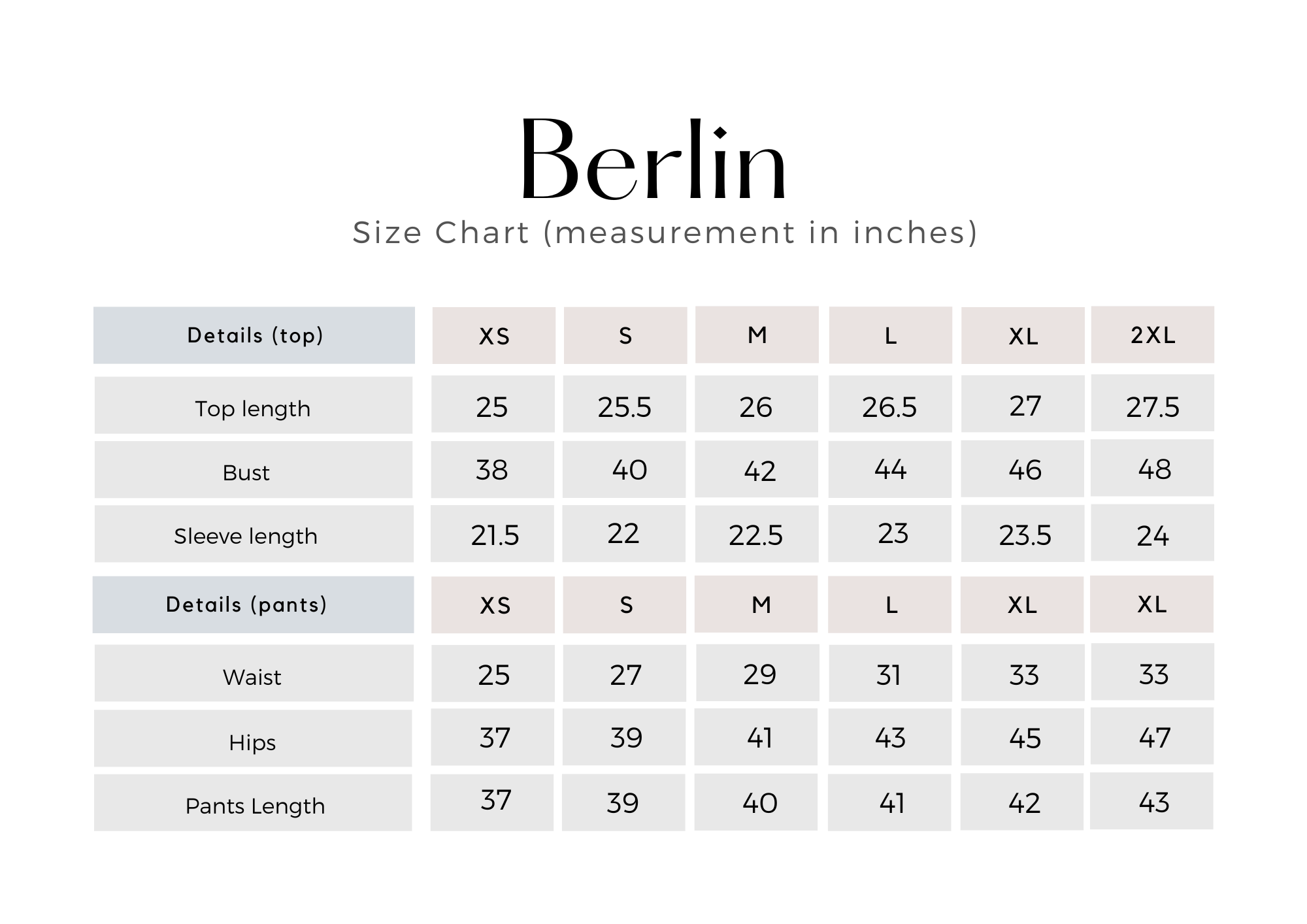 BERLIN Size Chart