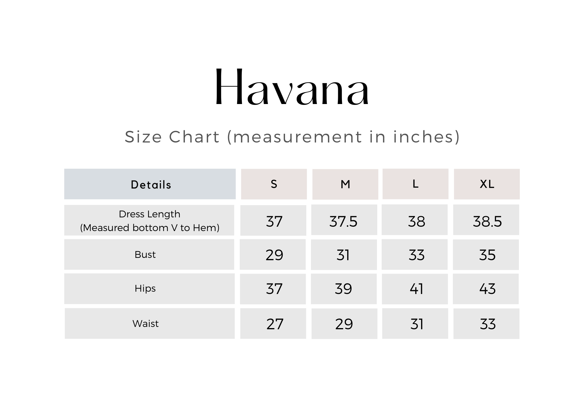HAVANA Olive Size Chart