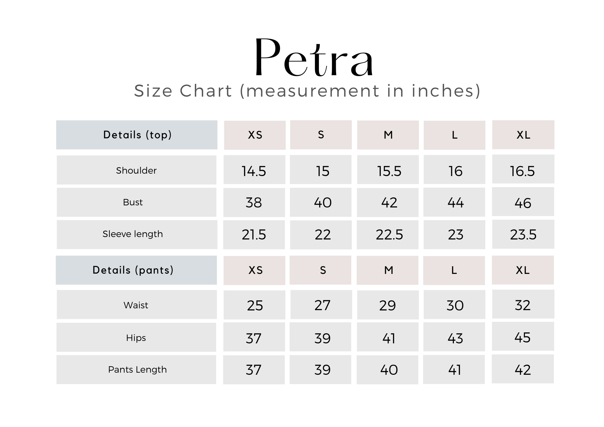 PETRA Size Chart