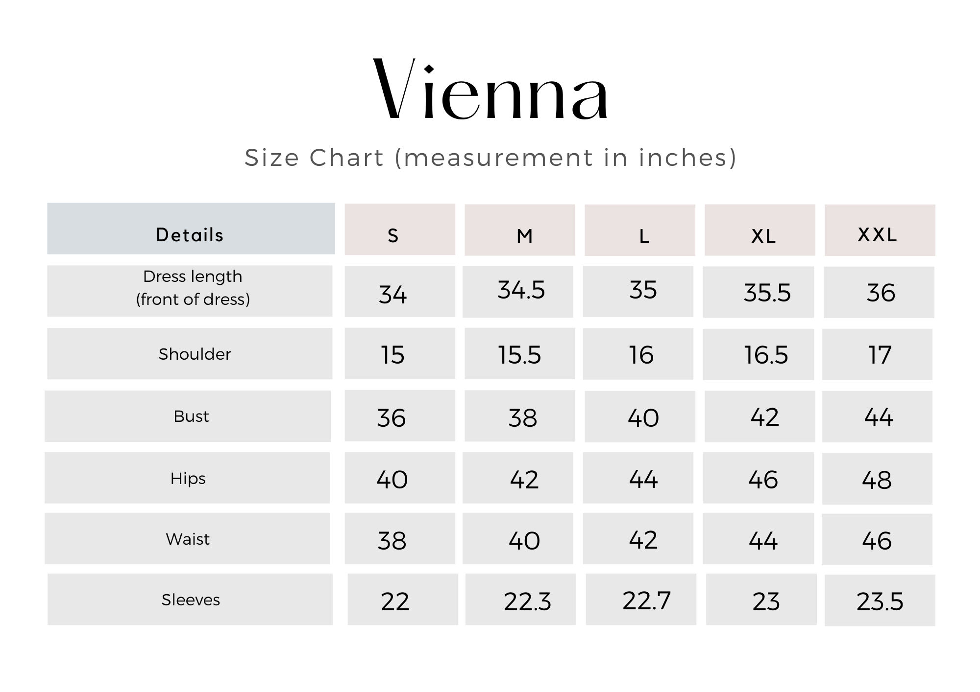 VIENNA Size Chart